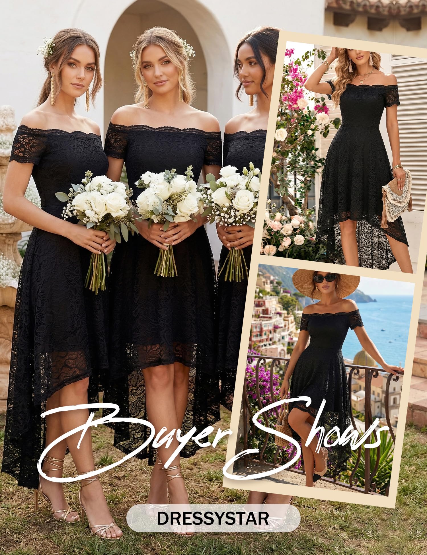 Dressystar Women's Lace Cocktail Dress Hi-Lo Off Shoulder Bridesmaid Swing Formal Party Dress 0042 Black M