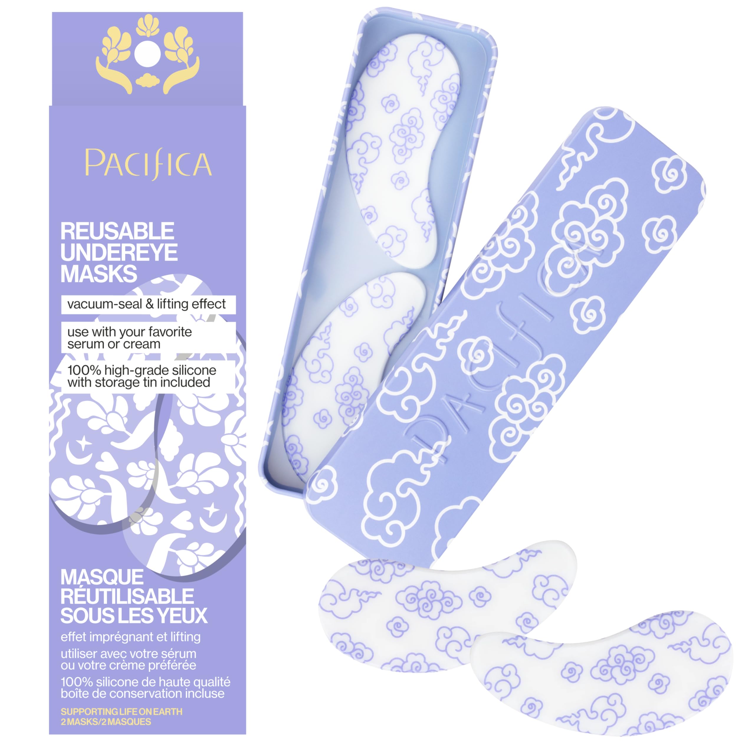 Pacifica Reusable Mask – Under Eye Mask Silicone Face Mask for Fine Lines & Dark Circles, Pair with Serum, Storage Tin Included, Vegan & Cruelty-Free, 2 Pieces