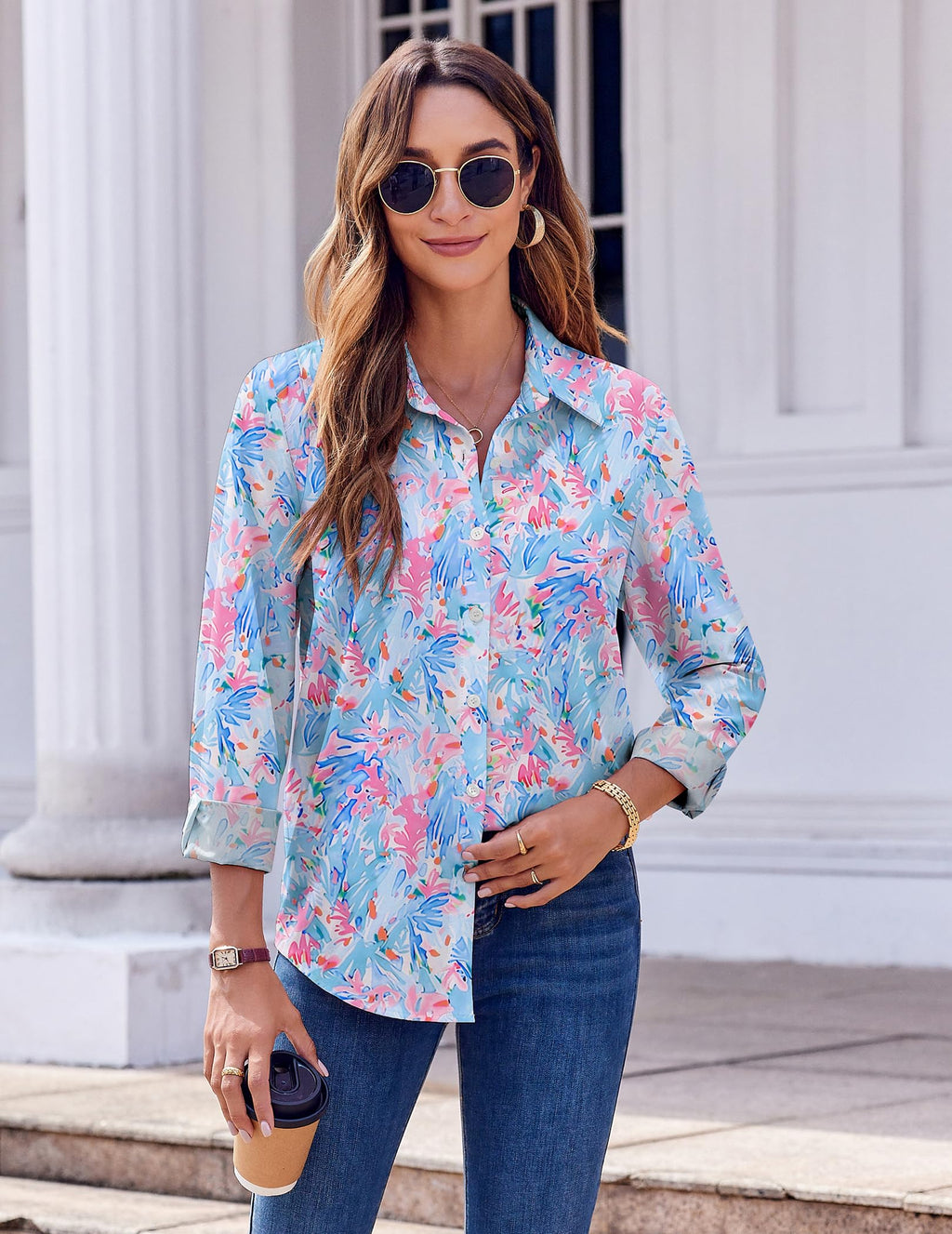 Zeagoo Spring Tops for Women Floral Blouses Long Sleeve Button Down Shirts Casual Fashion Collared Clothes