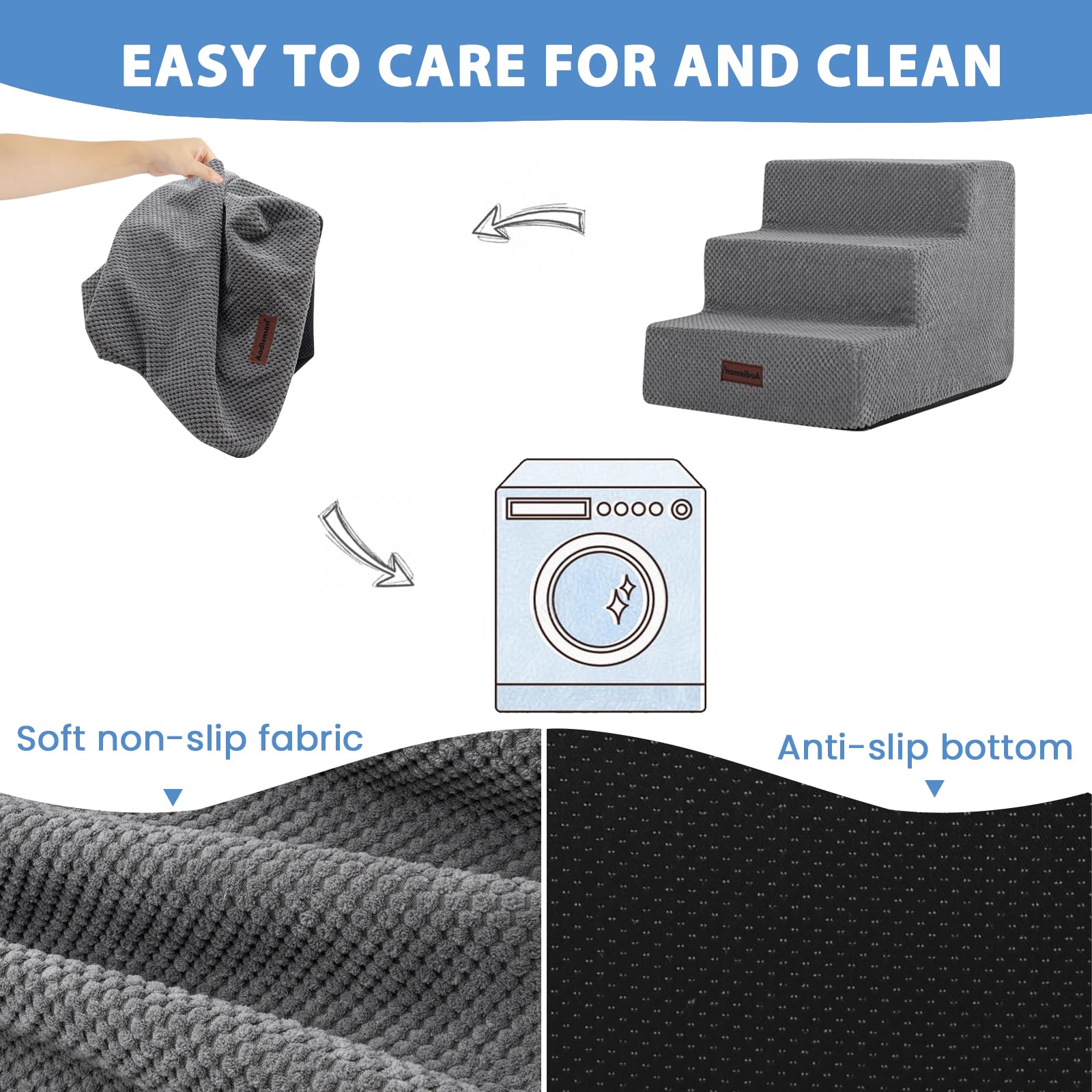 Aodisman Dog Stairs for Small Dogs, 3-Step Non-Slip Pet Stairs for Couch Sofa and Chair, Dog Bed Stairs for Puppy, Older Cat,Grey,13.6" H