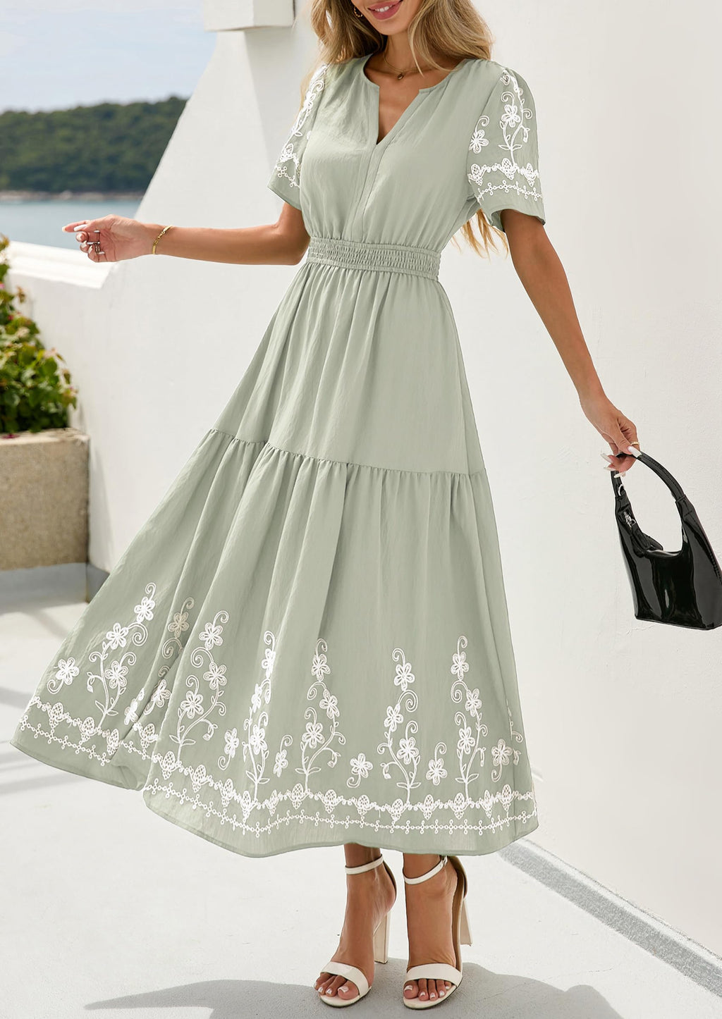 PRETTYGARDEN Women's Summer Boho Maxi Dress 2026 Spring Floral Short Sleeve V Neck A Line Flowy Beach Wedding Guest Dresses (Light Green,XX-Large)