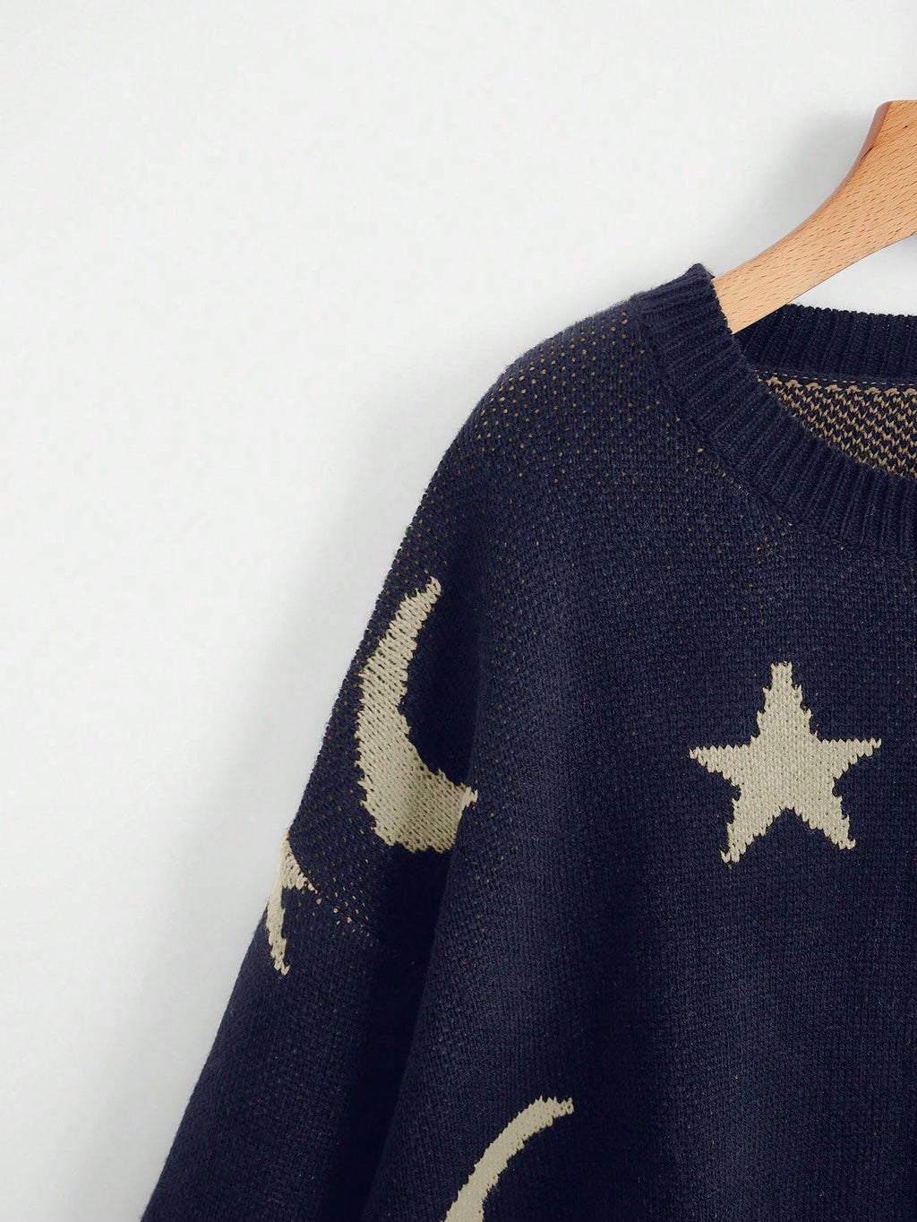 WDIRARA Women's Star Moon Print Long Sleeve Sweater Round Neck Knitted Pullovers Top Deep Blue X-Large