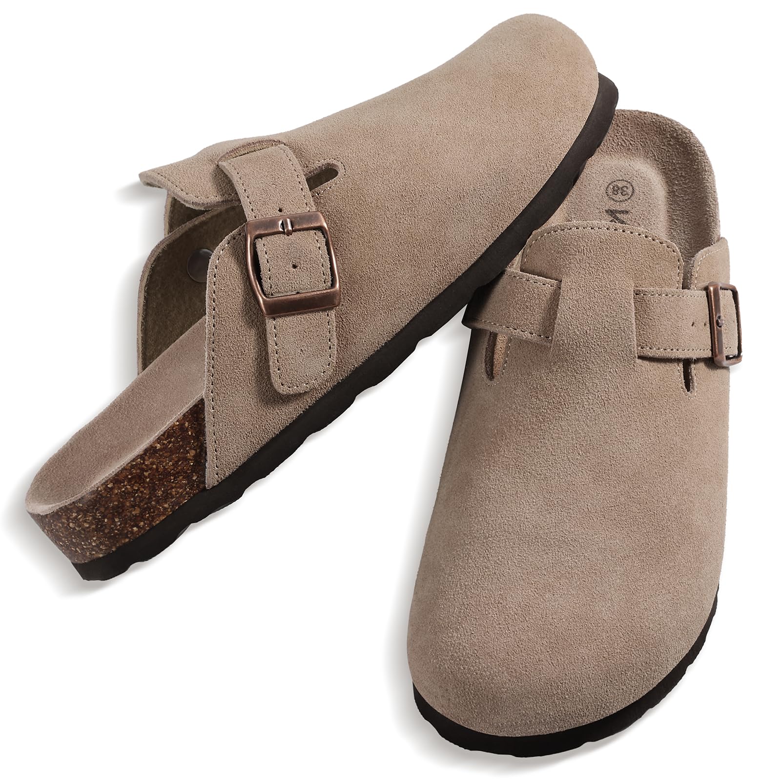 KIDMI Genuine Suede Clogs for Women Cork Footbed Sandals Leather Mules Potato Shoes with Arch Support Taupe 41 (Size 9-9.5)