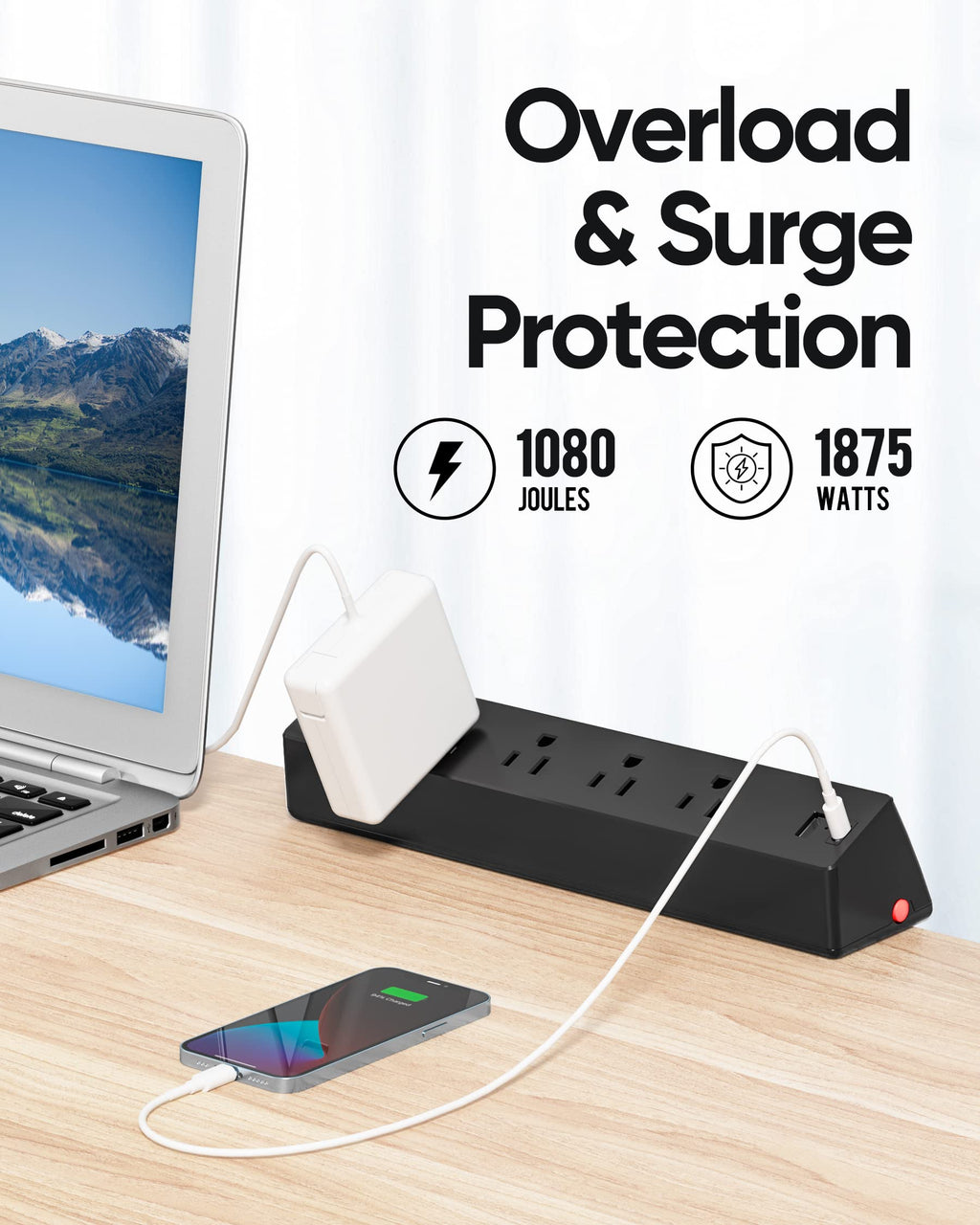Desk Clamp Power Strip, Flat Plug Fast Charging Station, Desk Mount Surge Protector with PD 20W USB C Ports, Fit 1.7 inch Tabletop Edge Thick, Desktop Outlets for Home Office.