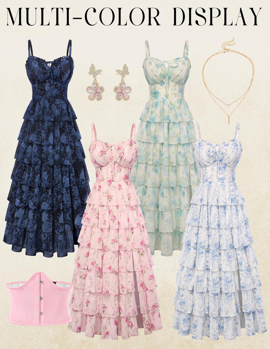 Scarlet Darkness Women's Floral Corset Wedding Guest Dress Lace Up Summer Spring Tiered Formal Maxi Dresses