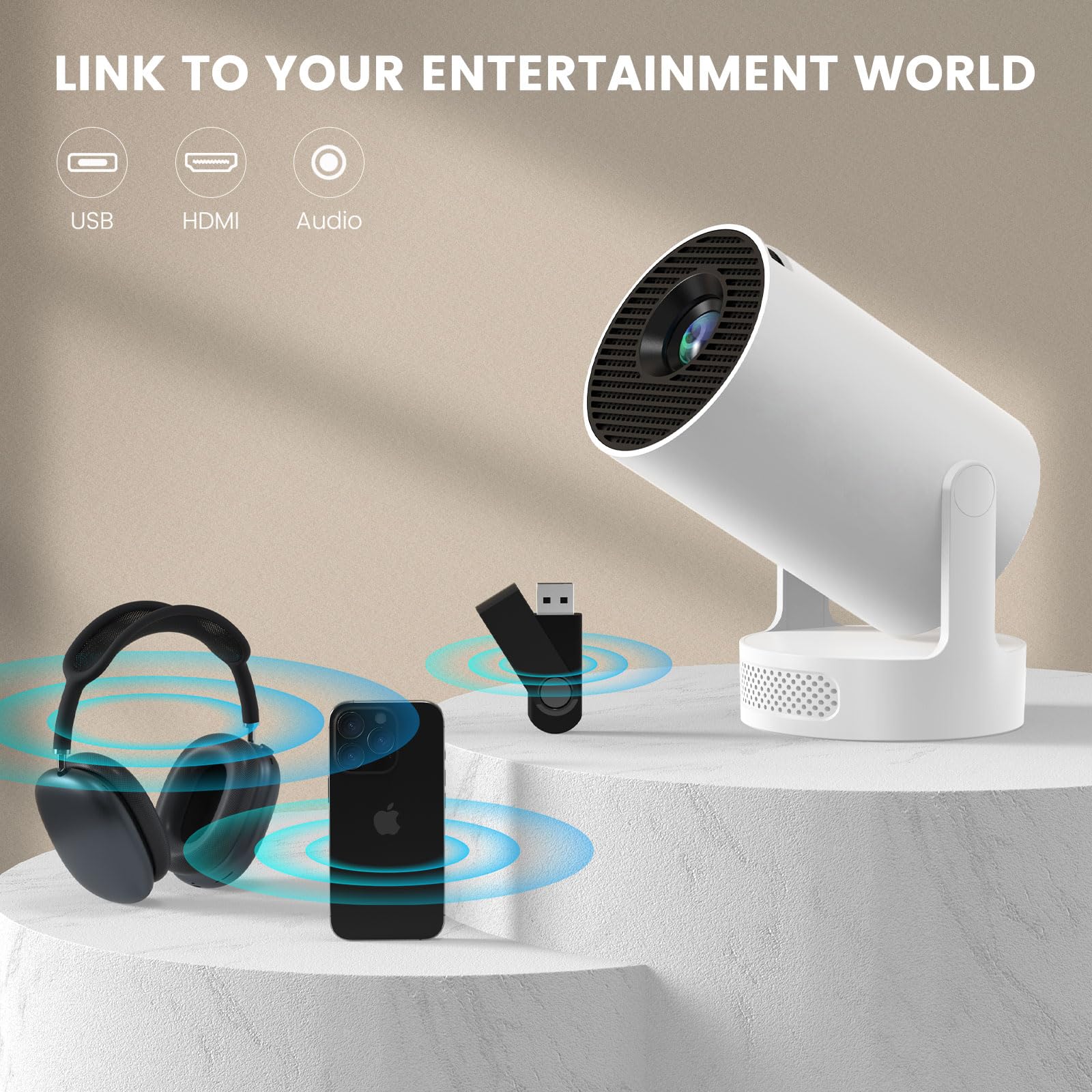 Mini Portable Projector with 4K Support, Bluetooth 5.4 WIFI6, 5watt Sound Base Speaker, 160 ANSI, Android 11, 210° Rotation , Auto Keystone Correction Video Projector HY300 ULTRA