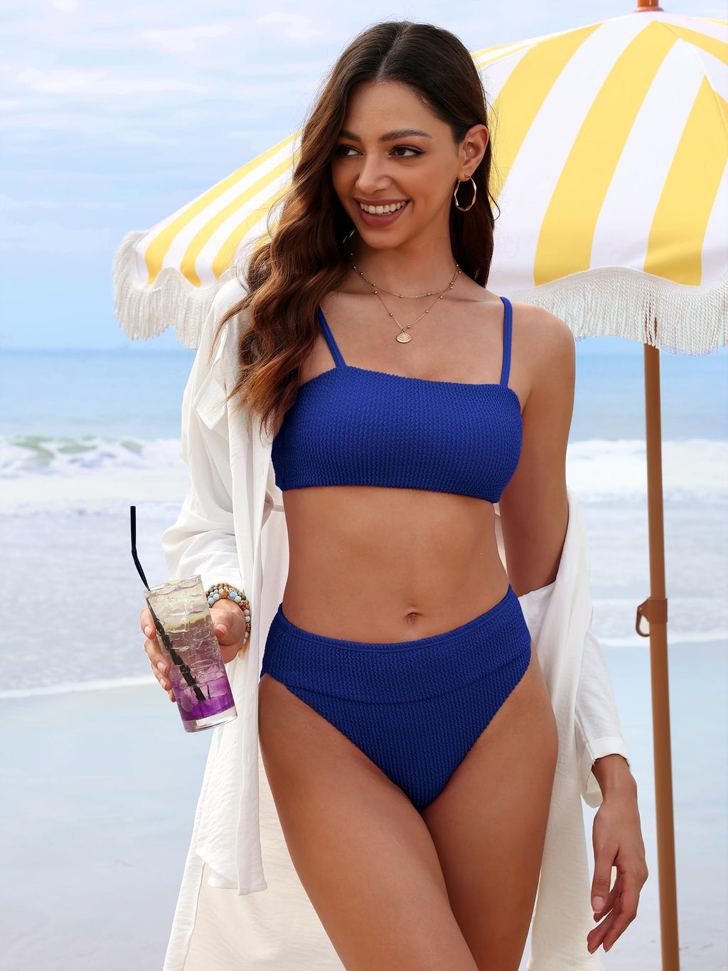 ANRABESS Women’s Bikini Sets, High Waist Tummy Control Swimsuits,Ribbed Textured 2 Piece Bathing Suits,Cheeky Beach Swimwear Royal Blue Large