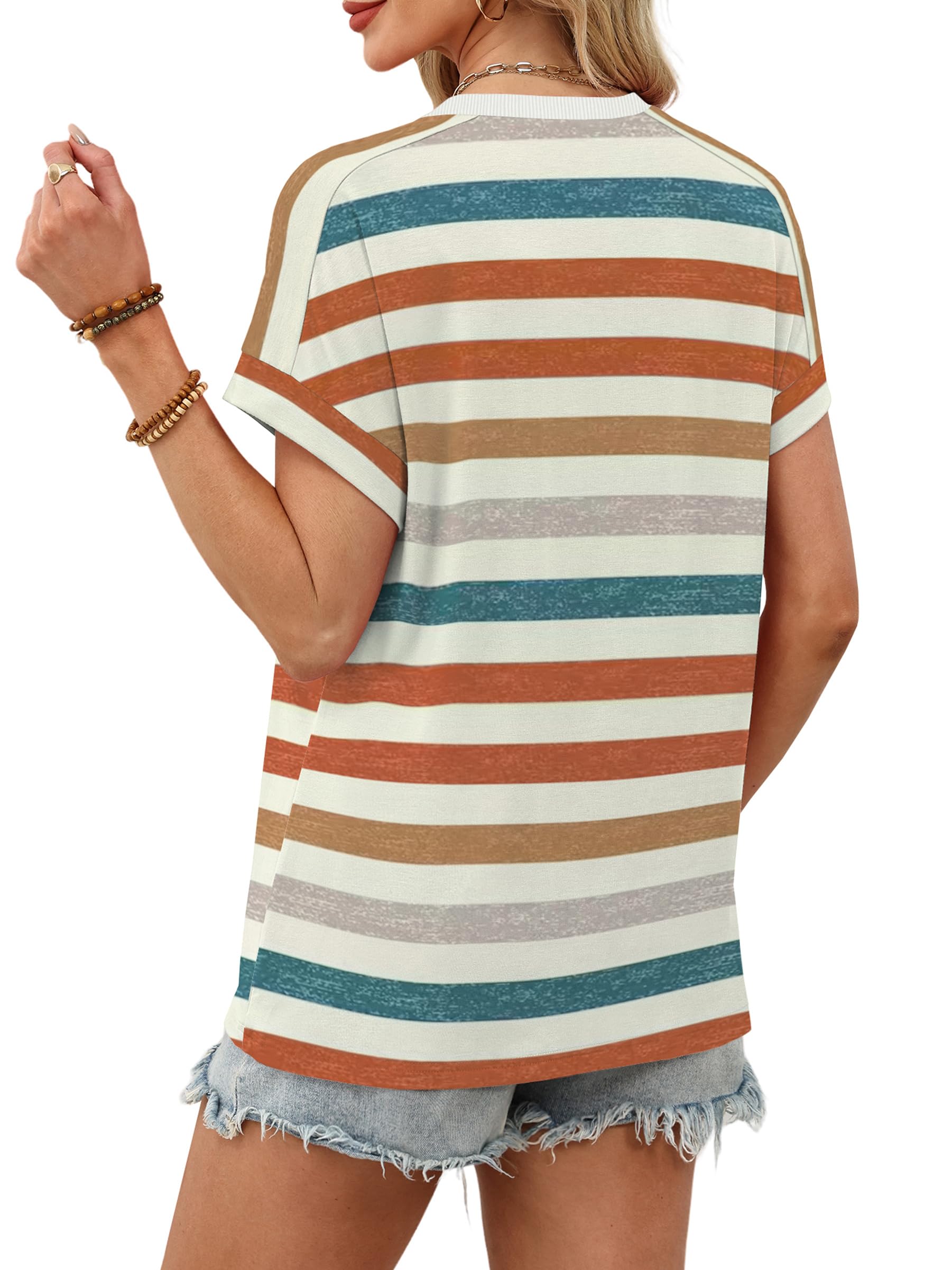 WIHOLL Womens Tops Summer Outfits 2026 Spring Clothes Boho Vacation Travel Cruise Essentials Fashion Trendy Short Sleeve T Shirts Clothing Orange Stripes L
