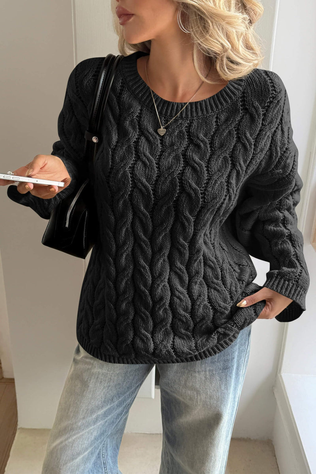 Cicy Bell Womens Oversized Cable Knit Sweaters Long Sleeve Crewneck Chunky Loose Fit Pullover Tops Black