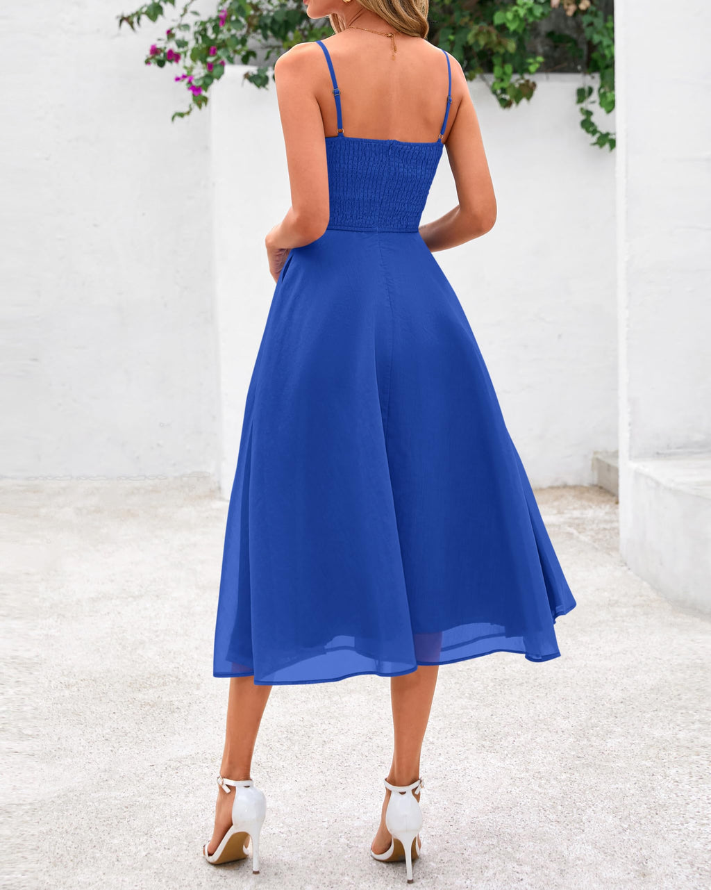 PRETTYGARDEN Womens Summer Dresses 2025 Spaghetti Strap Sleeveless Smocked Flowy Midi Wedding Guest Dress with Pockets(Blue,Large)