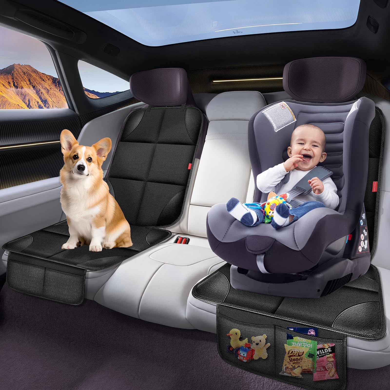 Car Seat Protector, Carseat Seat Protectors with Thick Padding and Upgraded Non-Slip Backing, Waterproof Seat Protector under Baby Car Seat, 600D Fabric Car Seat Covers with Storage Pockets for Baby