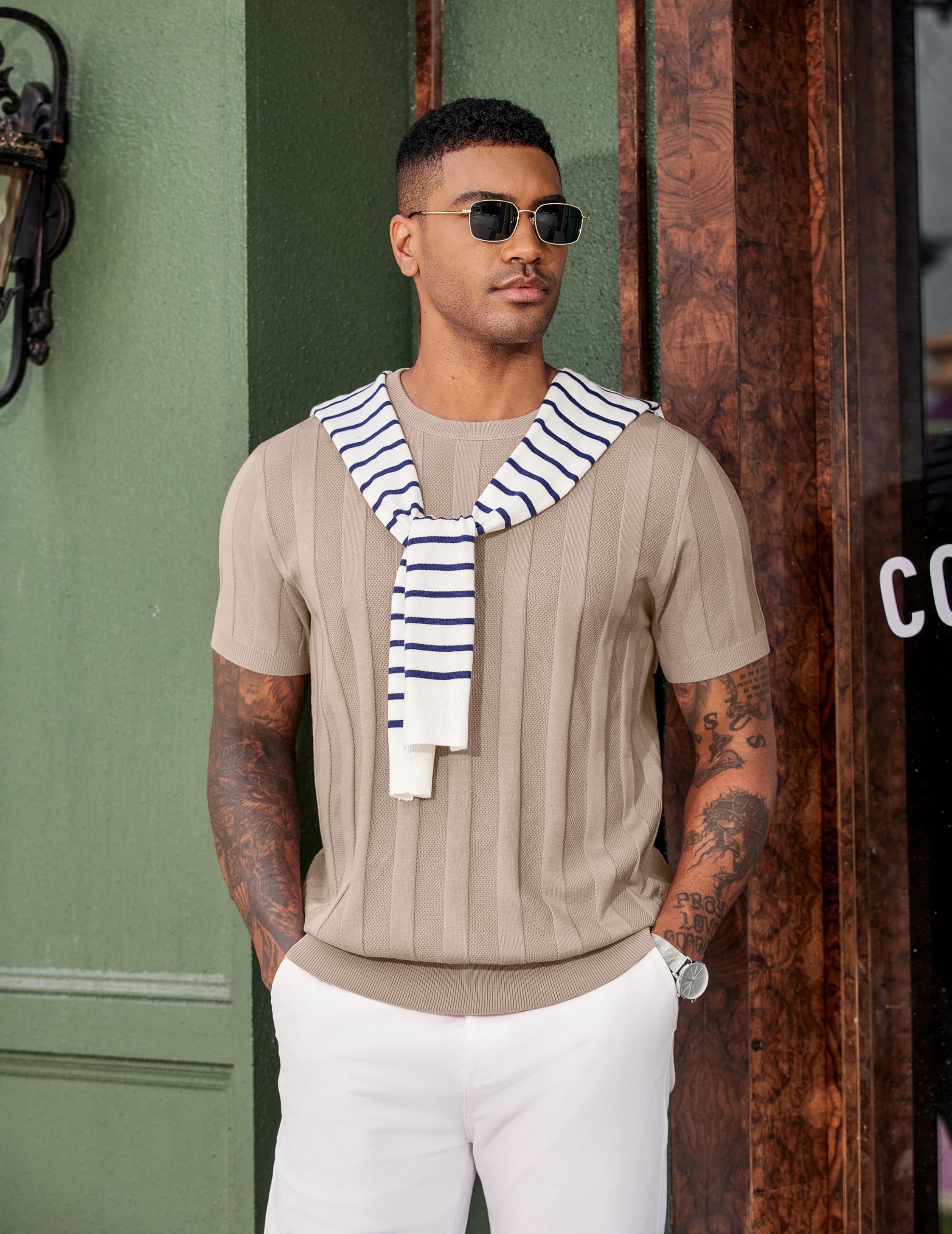 COOFANDY Crew Neck Tshirts for Men Summer Shirt Knit Short Sleeve Pullover Sweater Business Wear Khaki