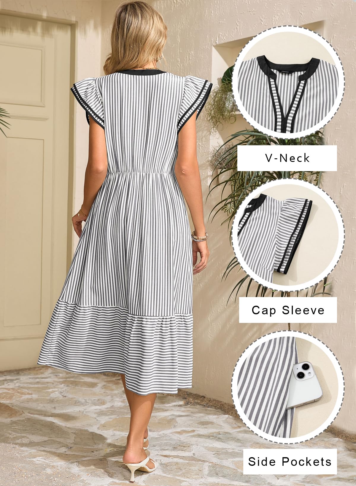 Dokotoo Summer Dresses for Women 2026 V-Neck Ruffle Cap Sleeve Empire Waist Dress Striped Flowy Midi Maxi Beach Dresses Black Dress with Pockets Medium