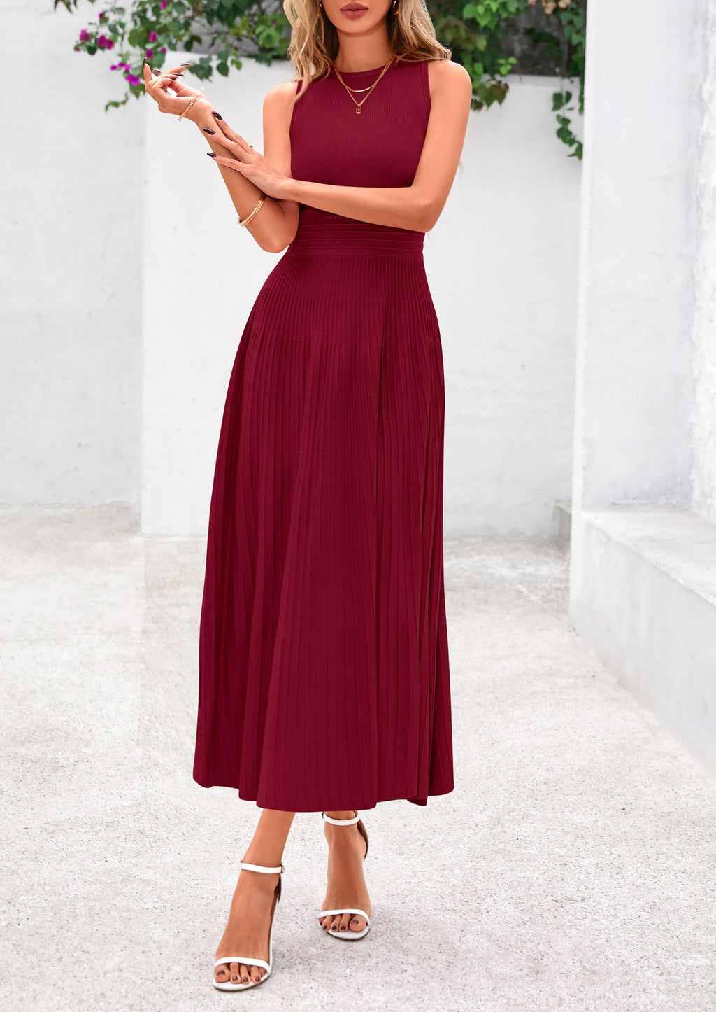 PRETTYGARDEN Spring Casual Dresses for Women 2026 Summer Business Work Midi Sleeveless A Line Pleated Cocktail Dress(Burgundy,Medium)