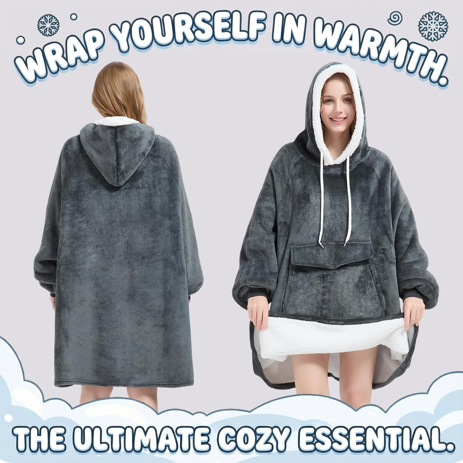 Qeils Wearable Blanket Hoodie for Women, Comfy Sherpa Sweatshirt Blanket as Birthday Christmas Gifts, Oversized Pullover Jacket Blanket Hoodie for Adult (Dark Grey, Adult)