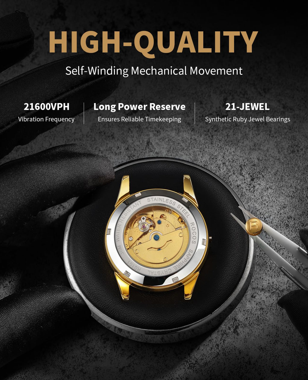ROCOSJEWE R0101 Men's Automatic Mechanical Watch Golden Luxury Watch for Men Classic Retro Wristwatch Day Date Black Leather Strap Dress Watches Waterproof Gift for Men Fashion Business