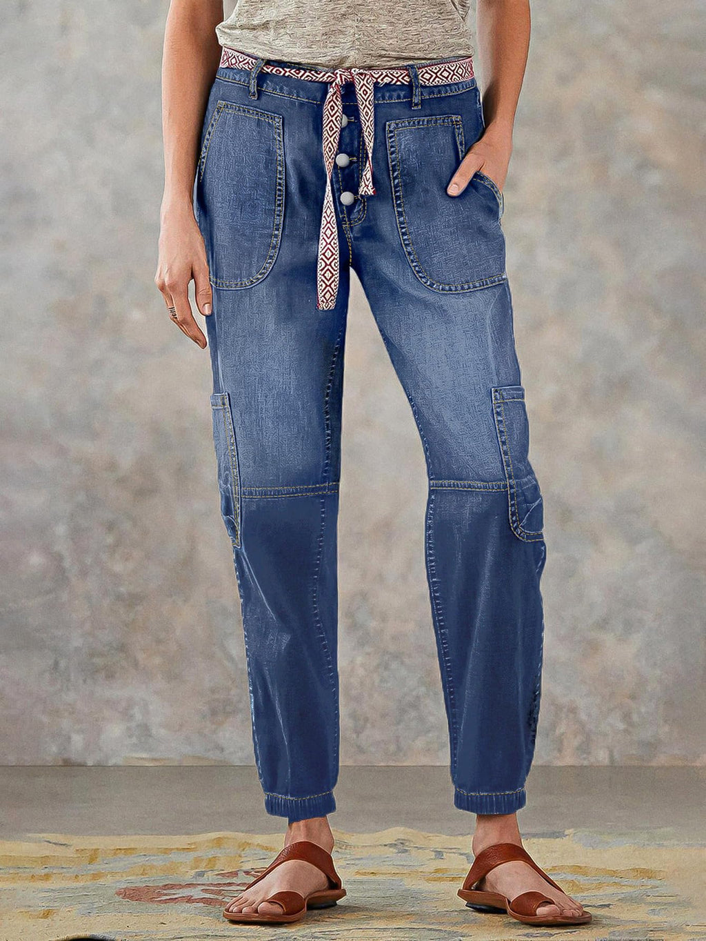 Flamingals Straight Leg Button Fly Jeans for Women Multi Pocket Mid Rise Jeans Without Belt Barrel Pants 27" Inseam Mid Blue L