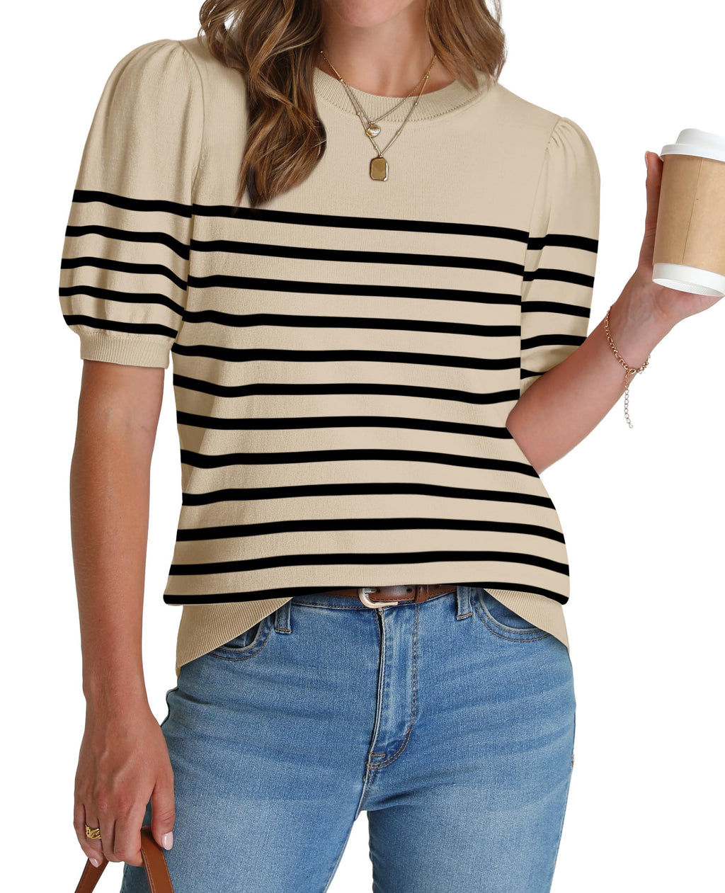 WIHOLL Womens Summer Tops Trendy Puff Short Sleeve Shirts Lightweight Knitted Blouses Spring Summer Business Casual Outfits Womens Clothes Dressy Casual Tshirts 2026 Sweaters Black Striped Shirts L