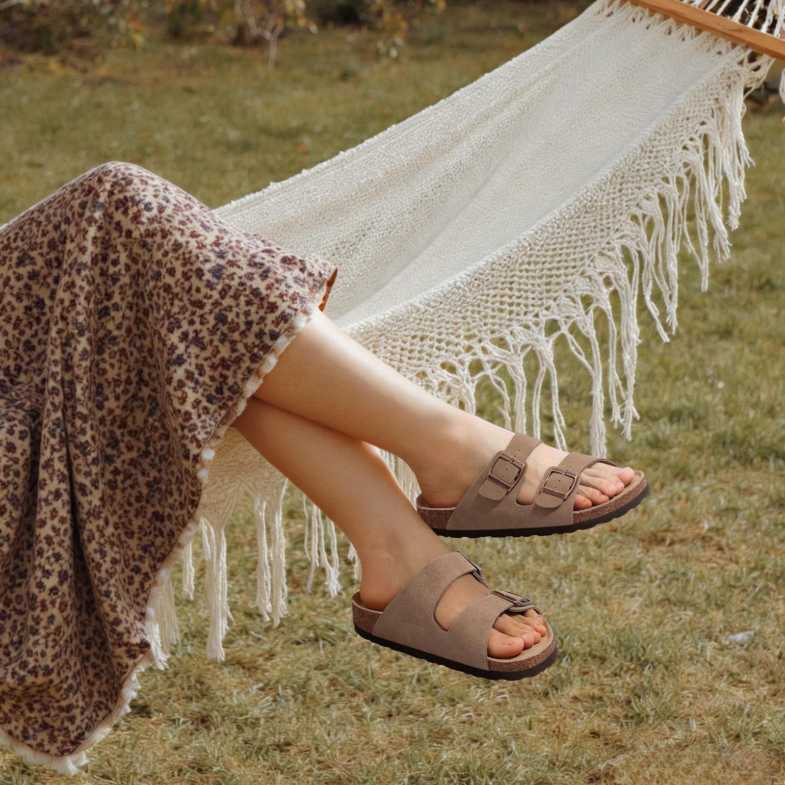 KIDMI Unisex Genuine Suede Summer Sandals Arch Support Cork Footbed Slide Sandals with Double Adjustable Buckle for Women Men, Mocha 39