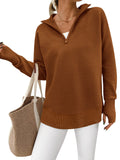 PRETTYGARDEN Womens Long Sleeve Quarter Zip Pullover Sweater Casual Loose V Neck Collared Ribbed Knit Jumper Tops Thumb Hole(Caramel,Large)