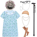 EBYTOP Old Lady Costume for Kids, 100 Days of School Costume Girls Halloween Granny Dress Up Wig Little Grandma Glasses Cane 100th,10