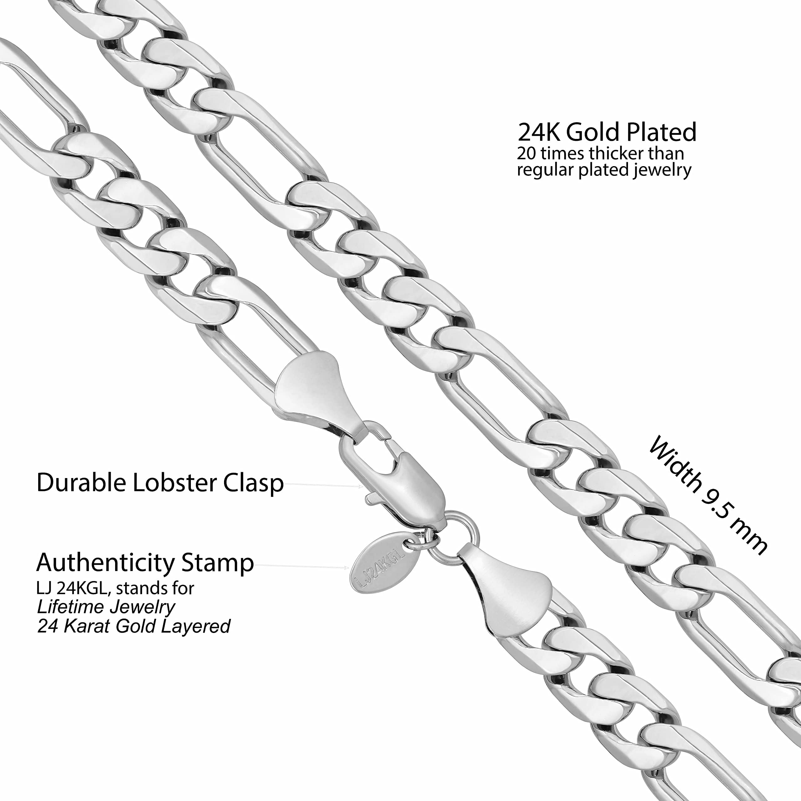 LIFETIME JEWELRY Beveled Figaro Chain Necklaces for Women and Men 24k Real Gold Plated  (6.5mm, 8mm, 9.5mm & 11mm) (9.5mm, White Gold, 36)