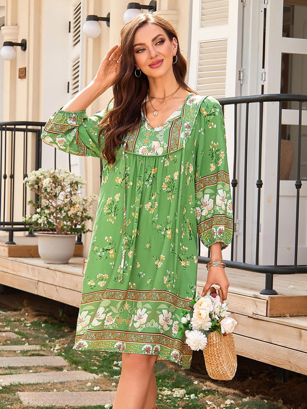 Qearal Summer Dresses for Women 2026 Vacation, 3/4 Sleeve Loose Tunic Dress Boho Beach Sun Dress Knee Length Light Green XL