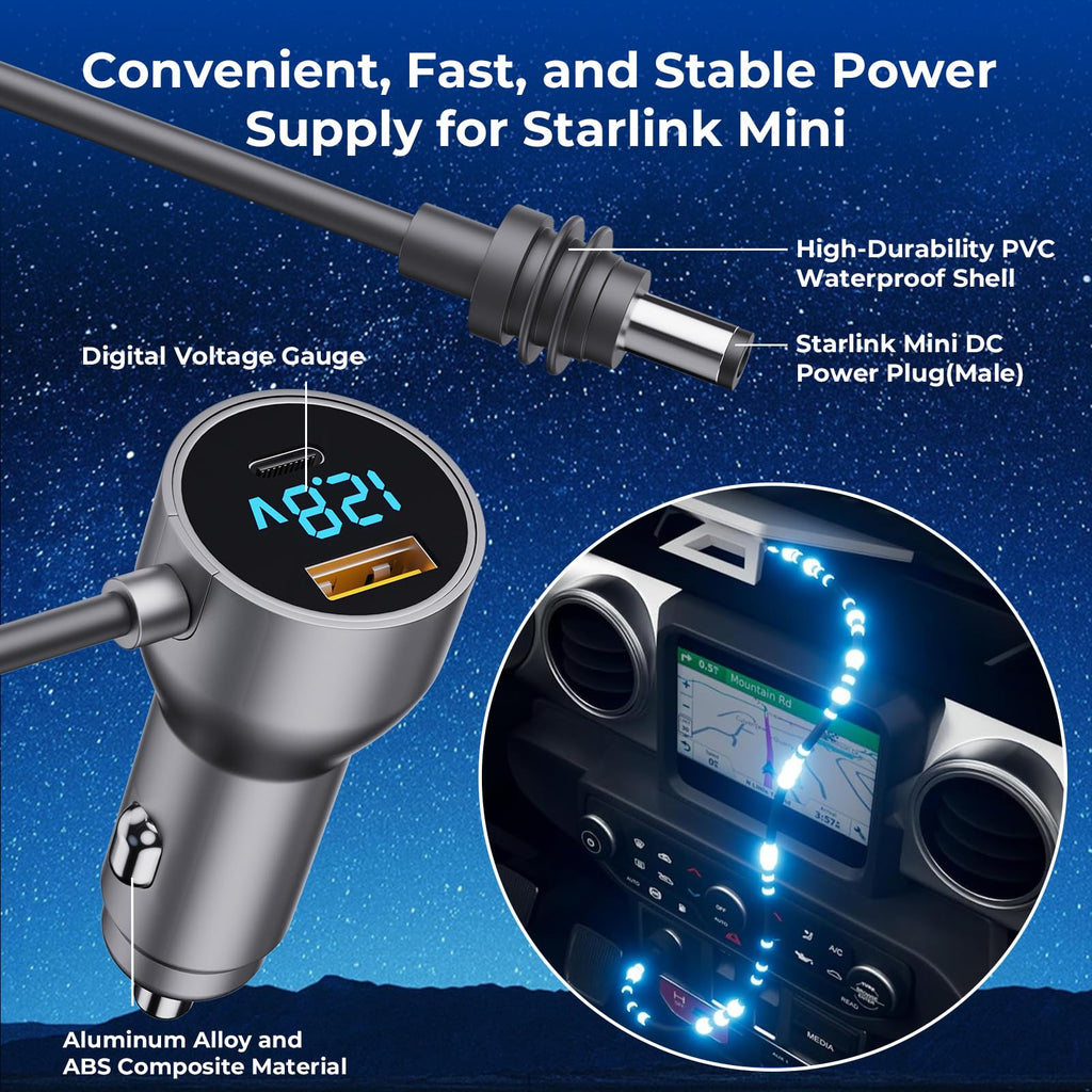 Starlink Mini Cable,Starlink Mini Accessories Car Charger, 3-in-1 DC Power Cable with 12V-48V Cigarette Lighter Adapter,PD 30W + USB-A 30W + DC 72W Car Power Supply for Trucks, RVs, Boats(10Ft)