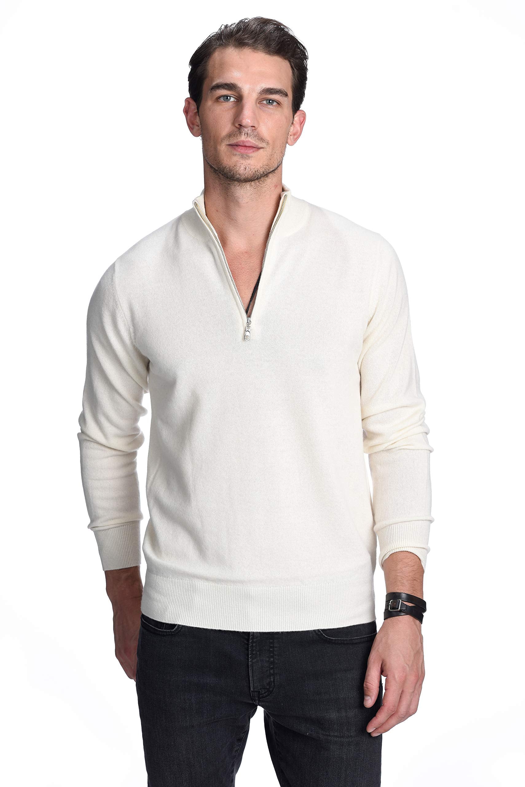 State Cashmere Men's Half Zip Mock Neck Sweater 100% Pure Cashmere Polo Neck Pullover (Undyed White, Medium)