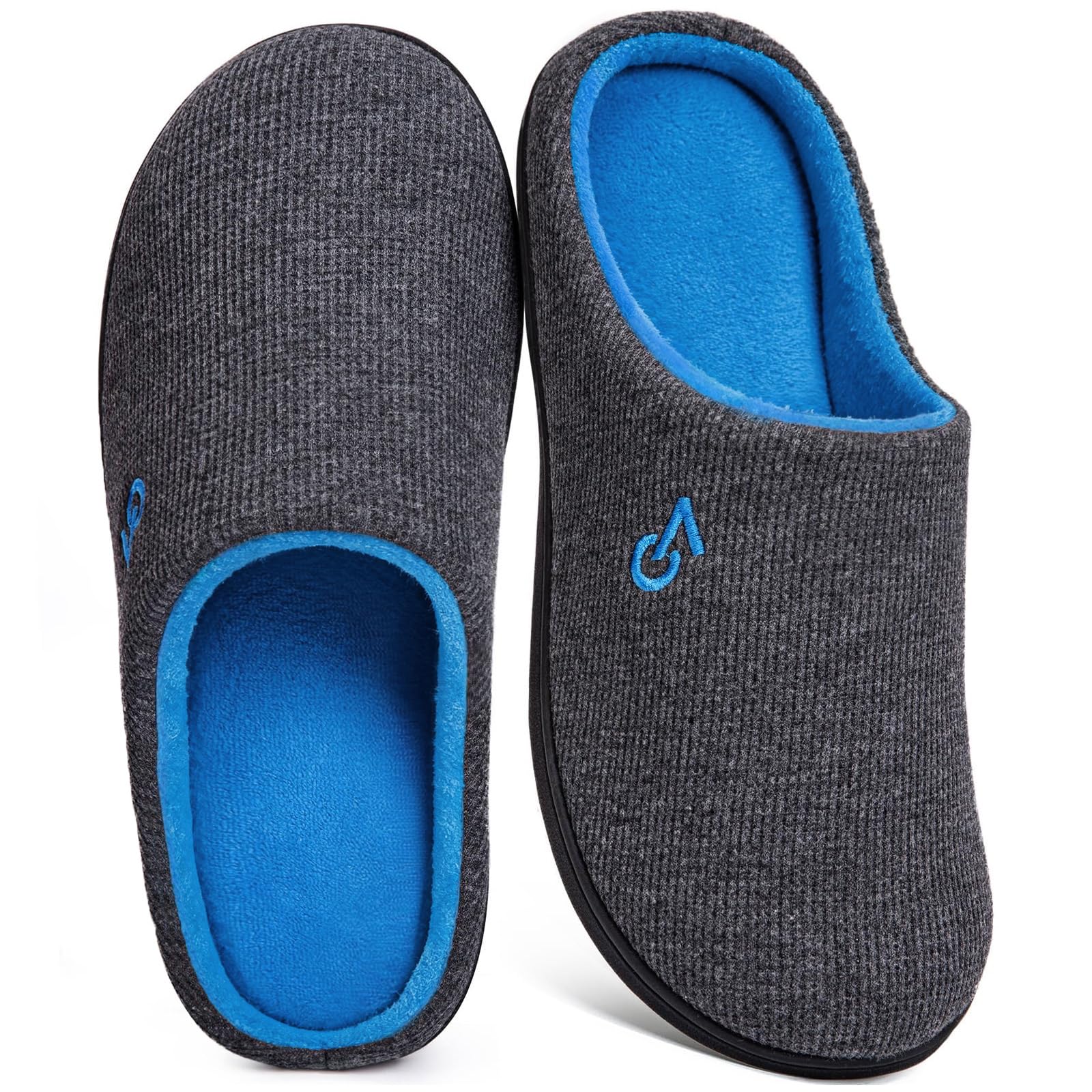 VeraCosy Men's Two-Tone Memory Foam House Slippers Indoor Outdoor Durable Rubber Sole (Dark Gray/Blue, 11-12 US)