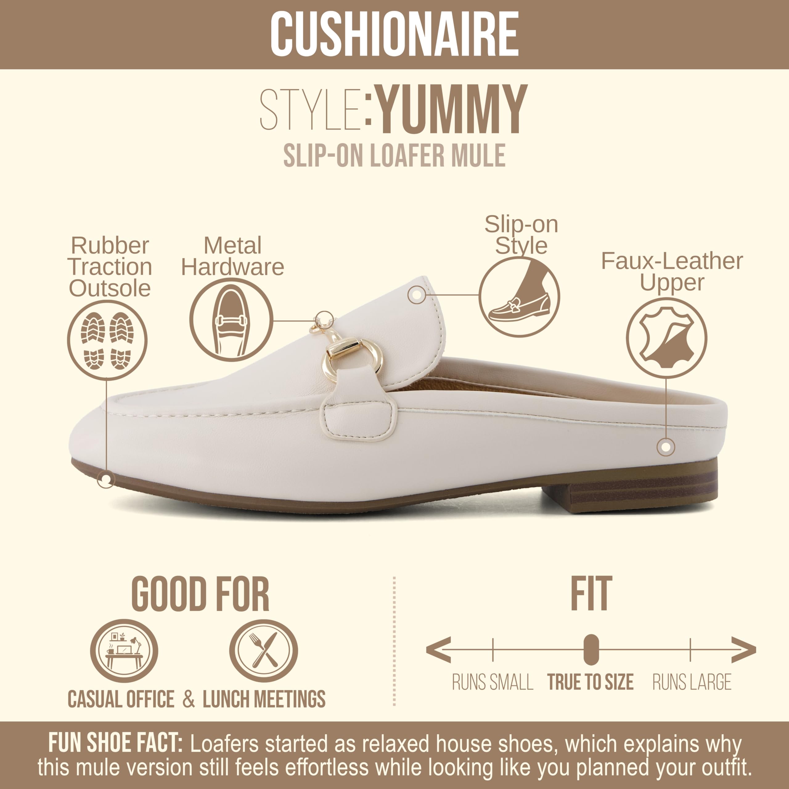 CUSHIONAIRE Yummy Slip On Womens Mules, Business Casual Loafers for Women with Low Heel and Metal Chain Detail, Bone 9