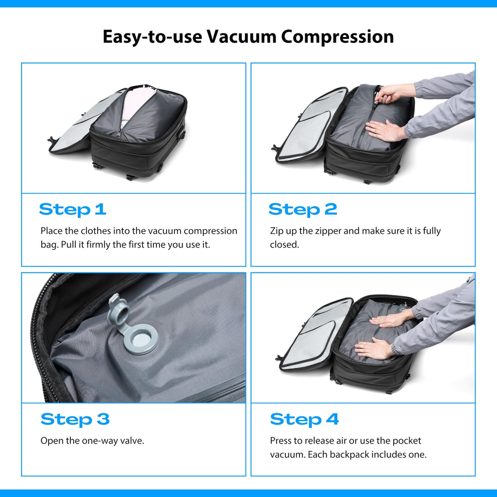 MEGABACK Vacuum Backpack Travel with Pump, 60L Expandable Airbag Travel Backpack, Travel Backpack with Vacuum System, TSA Lock, USB Charging Port, Water Resistant
