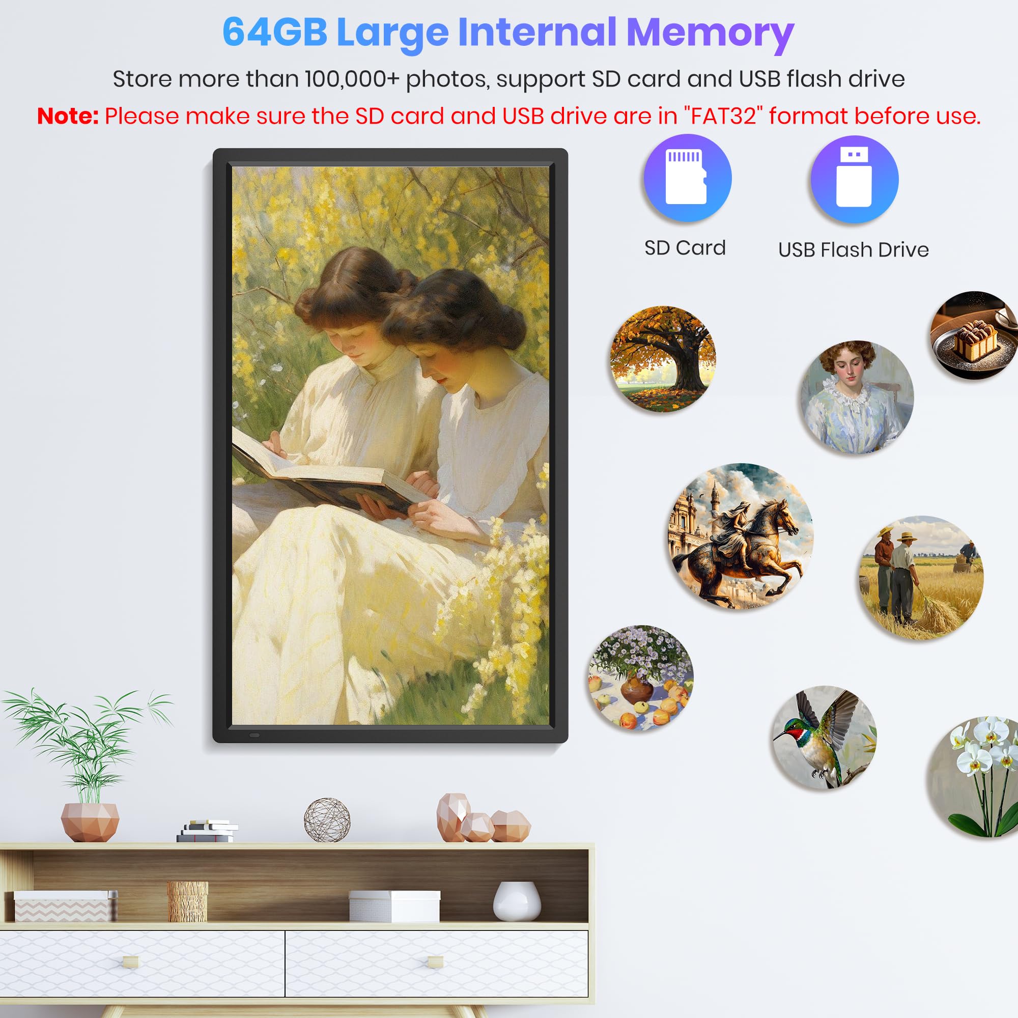 Uhale 32" Extra Large Digital Picture Frame 64GB, WiFi Photo Frames 1920 x 1080 FHD IPS Display with Remote Control, Wall Mounted, Slideshow, Support USB and SD Card, Instantly Share Photos Videos