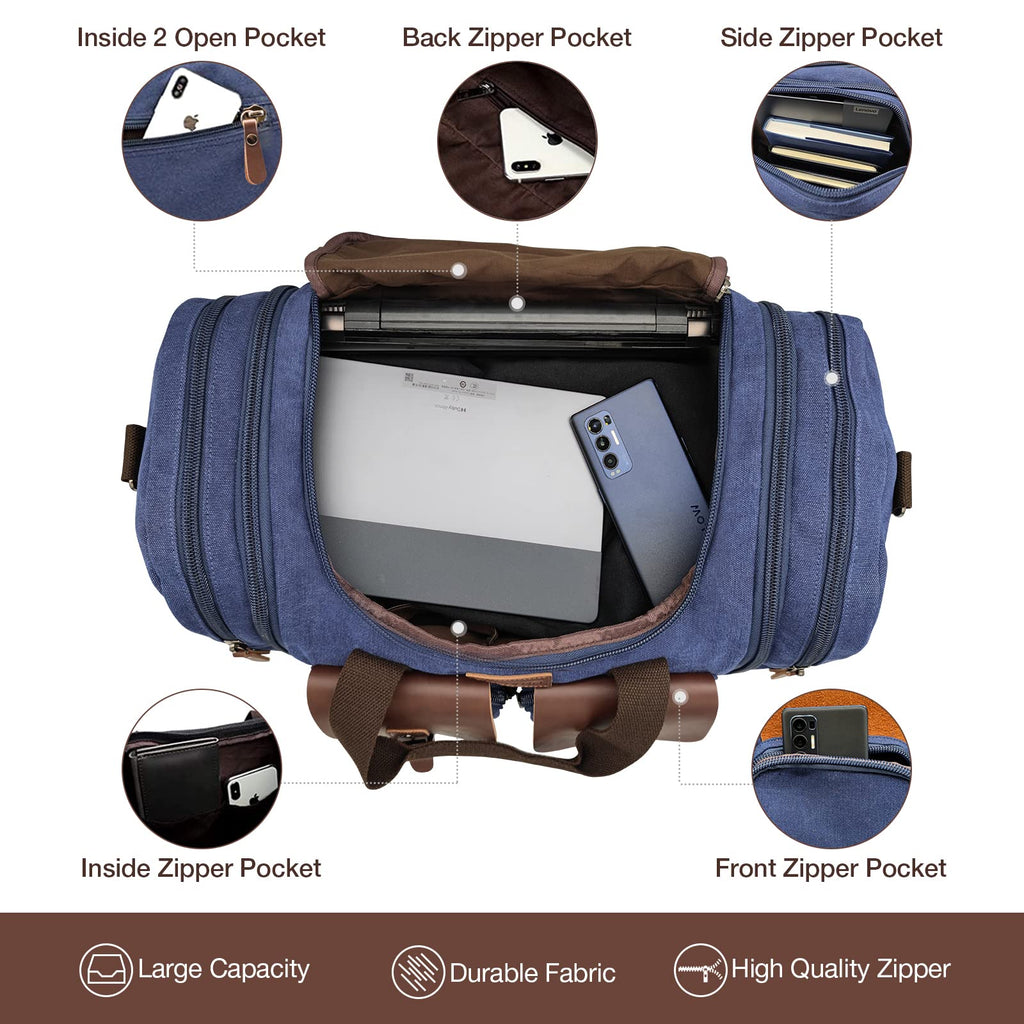 Wildroad 50L Travel Duffel Bag, Expandable Canvas Genuine Leather Duffle Bag Upgraded Overnight Weekender Carry on Bag