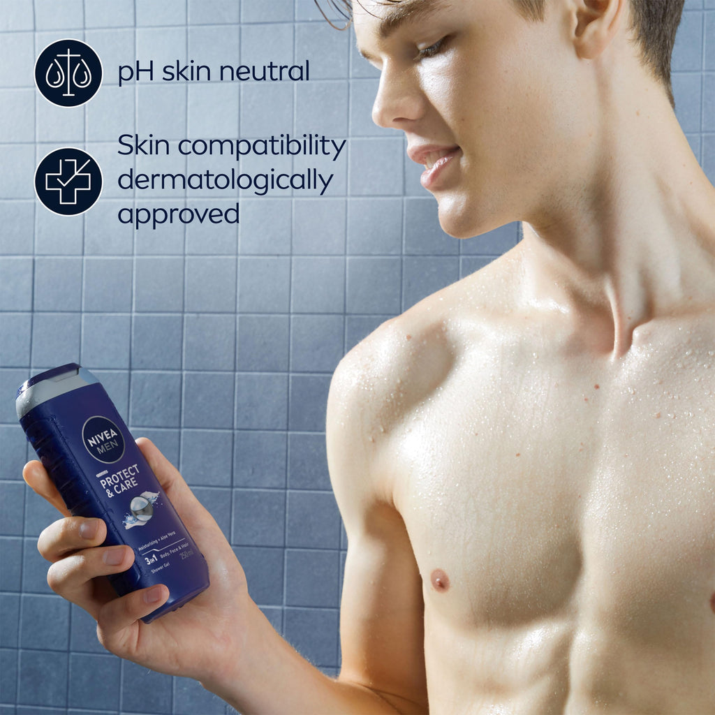 NIVEA MEN Protect & Care Shower Gel (250 ml), Moisturising 3-in-1 Body Wash for Men with Aloe Vera, Energising NIVEA MEN Shower Gel