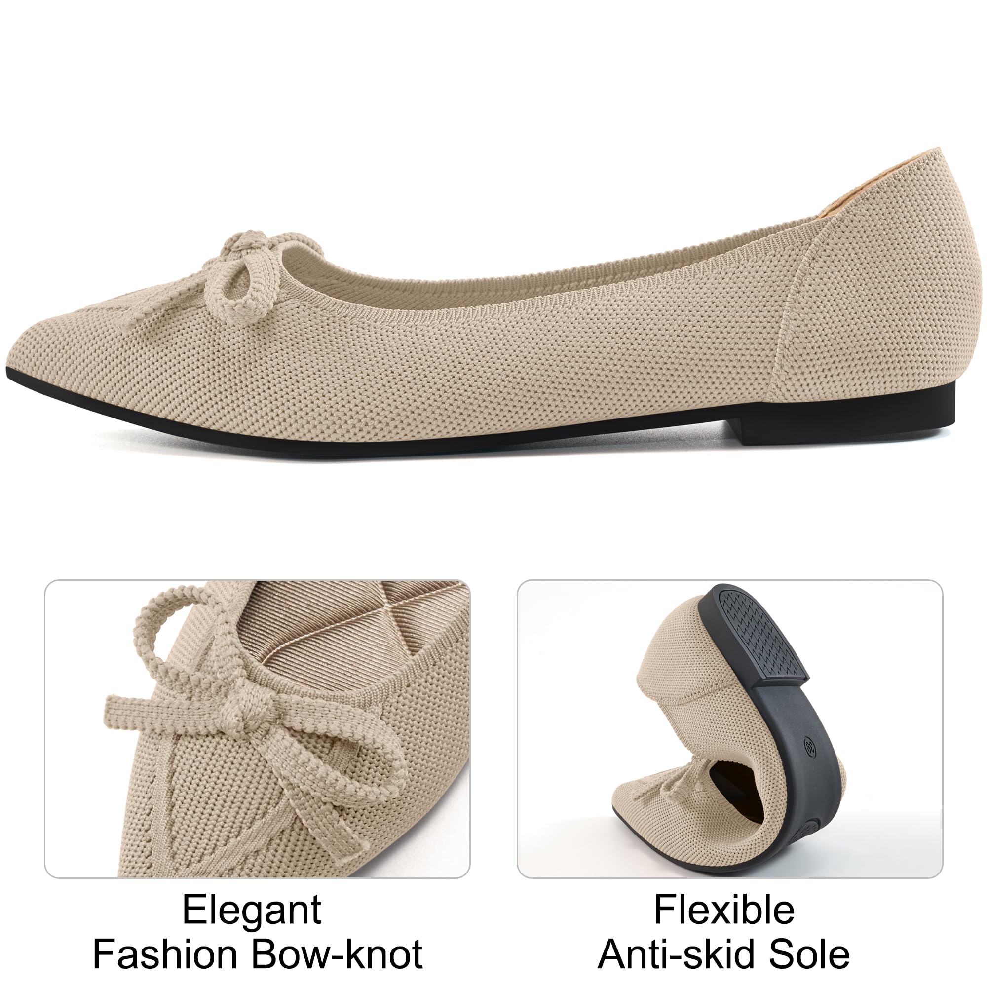 Ablanczoom Ballet Flats Shoes for Women: Dressy Pointed Toe Bow Knit Flats Comfortable Slip On Work Business Casual Shoes Beige