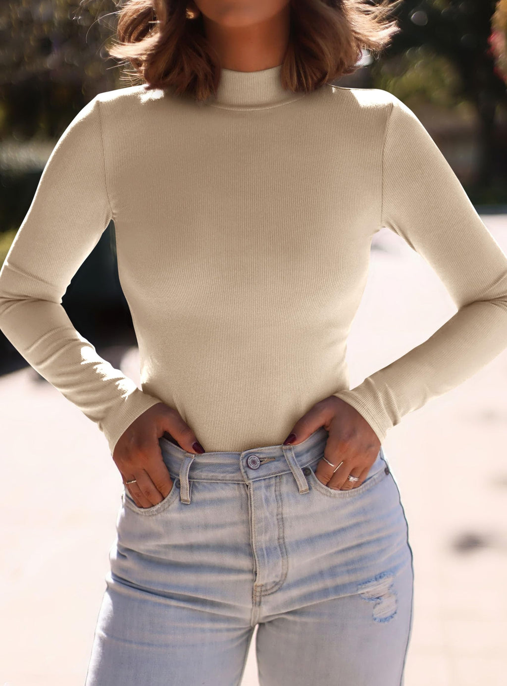 PRETTYGARDEN Women's Turtleneck Long Sleeve Shirts 2026 Fall Basic Tees Ribbed Fitted Tops Thermal Layering Knit Top Clothes (Apricot,Medium)