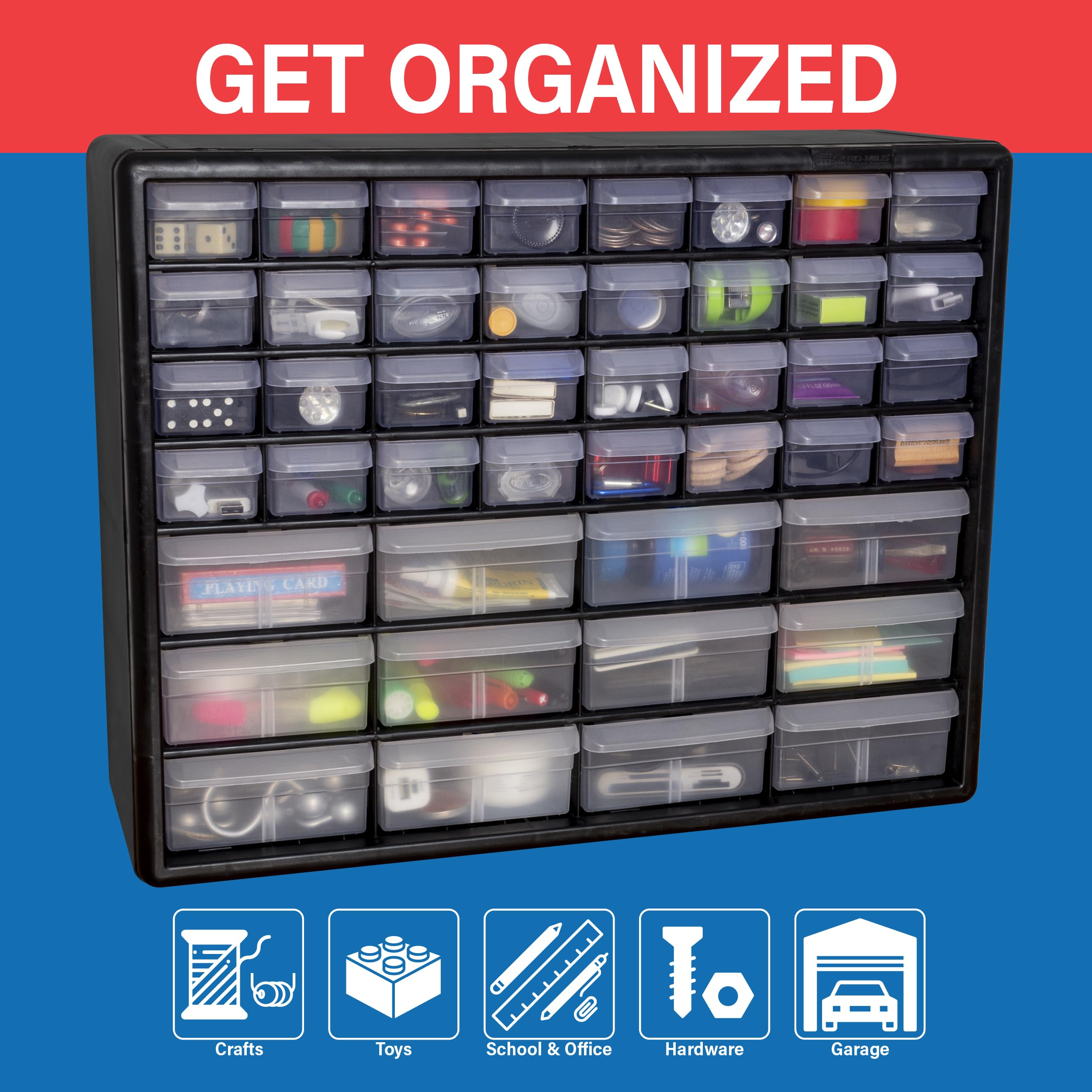 Akro-Mils 44-Drawer Plastic Drawer Storage Cabinet for Garage Organization, Bead Organizer, Building Bricks Storage, Teacher Toolbox, Makeup Organizer, 20" W x 6" D x 16" H, 10144 Black