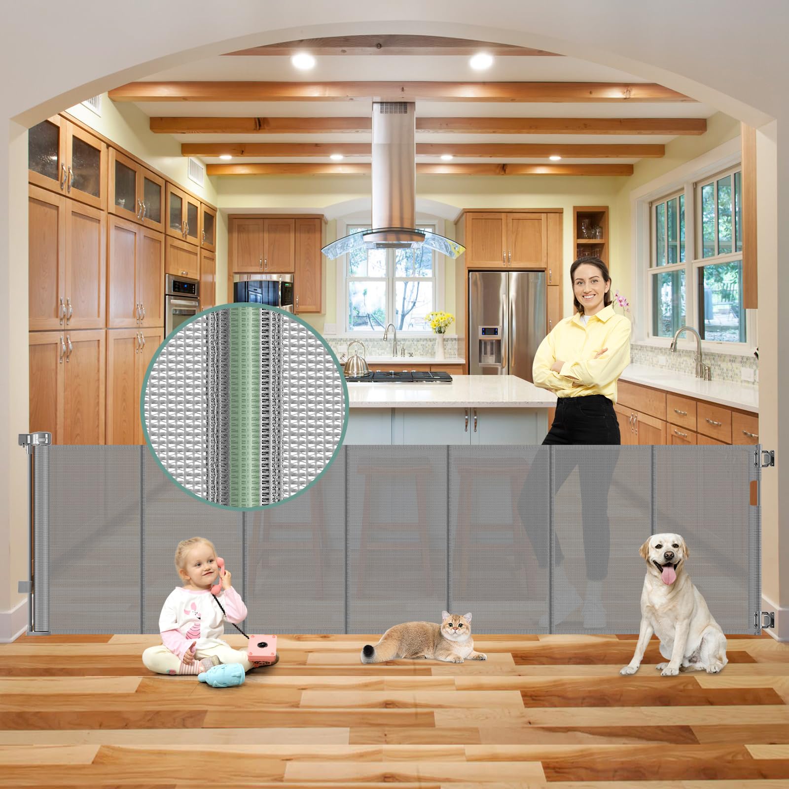 Reinforced 100 Inch Extra Long Baby Gates for Large Openings to Prevent Crawling Under, No Bottom Bar Extra Wide Retractable Baby Gate for Stairs, 8 ft Mesh Child Gate for Parent/Pet Owner Use, Gray
