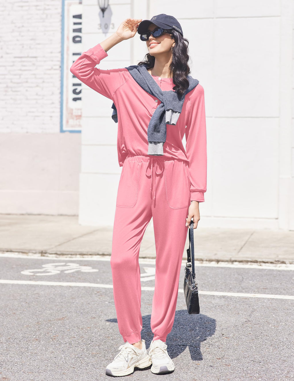 Ekouaer Womens Pajamas Long Sleeve Jogger Sets Comfy Pjs Soft Loungewear 2 Piece Lounge Sets with Pockets Rose