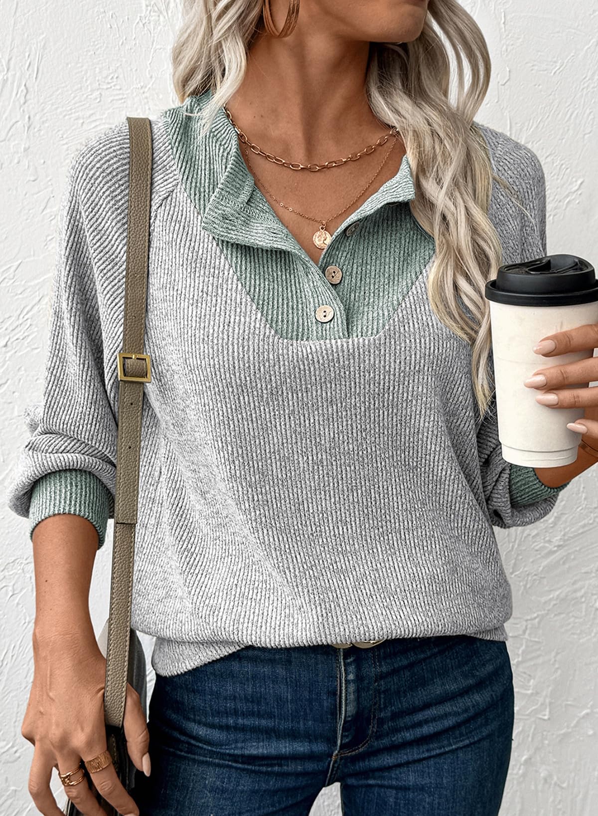 EVALESS Womens Spring Fashion 2026 Long Sleeve Shirts Patchwork Button Up V Neck Sweatshirt for Women Casual Trendy Pullover Teacher Outfits Tops Light Grey Medium