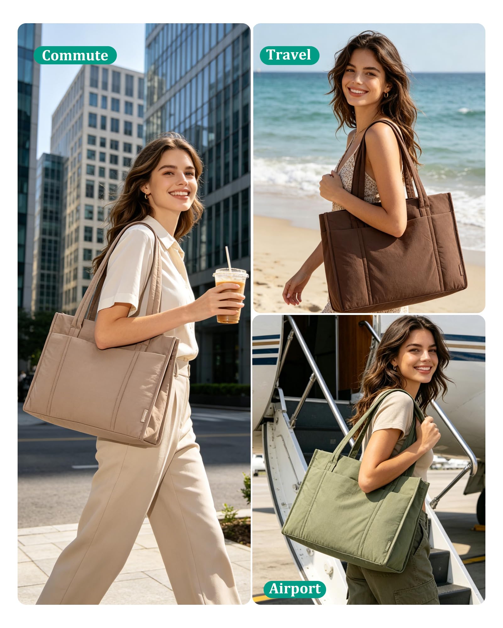BAGSMART Tote Bag for Women, 2Pc Puffy Tote Bag Set with Zipper, Quilted Large Nurse Work Teacher Bag for Travel, Brown
