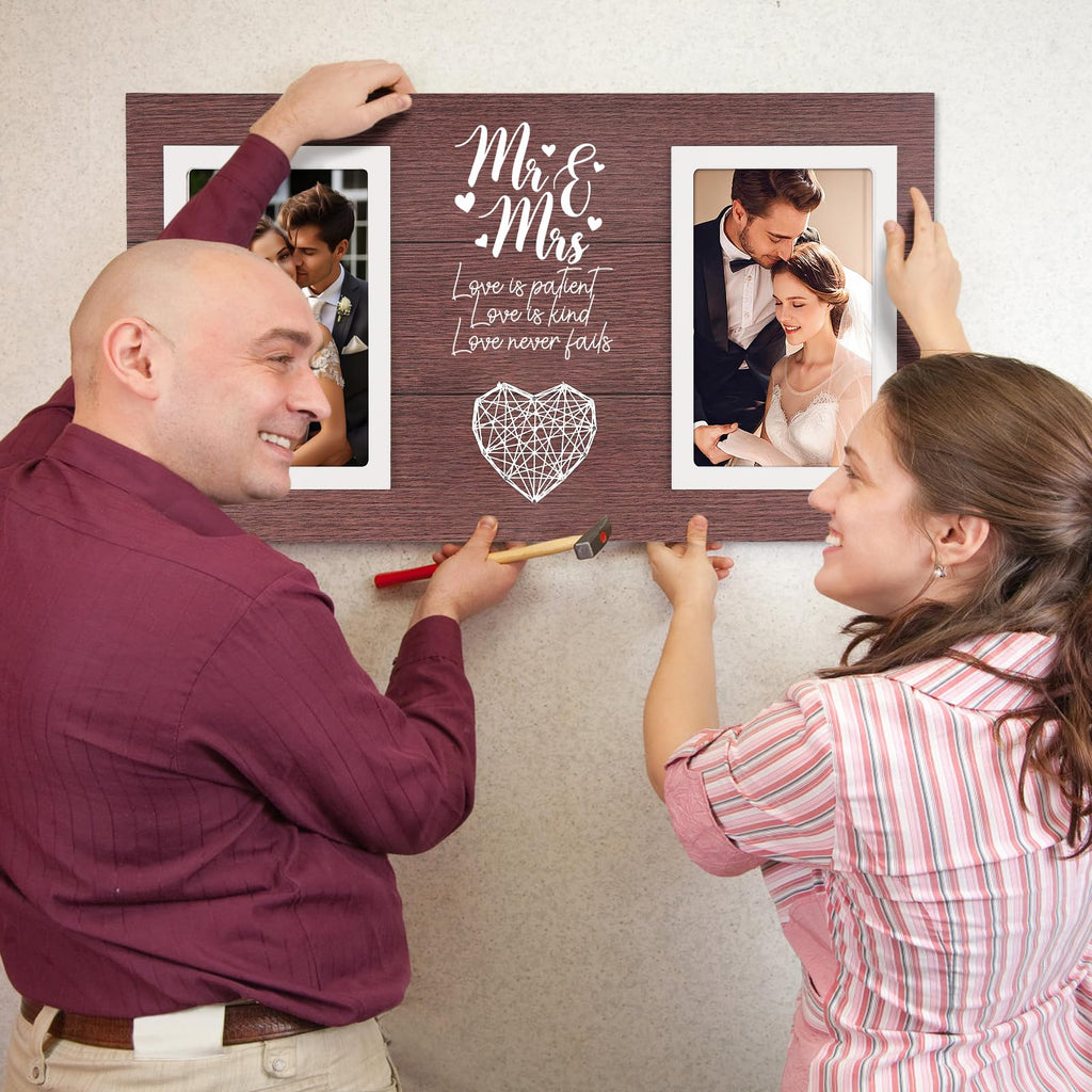 Calibron Personalized Wedding Gifts for Couples, Bridal Shower Gift for Bride, Mr & Mrs Photo Frame Holds 2pcs 4x6 Pictures, Unique Wedding Gifts for Newlyweds(Red Brown)