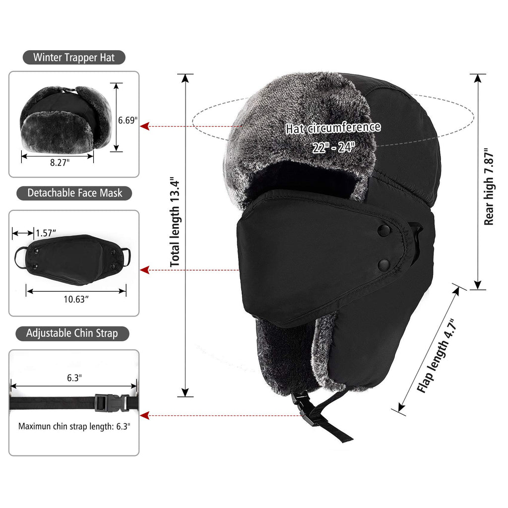 Mysuntown Unisex Winter Trooper Trapper Hat Hunting Hat Ushanka Ear Flap Chin Strap and Windproof Mask,Black,22-24 Inches ,One Size Fits All