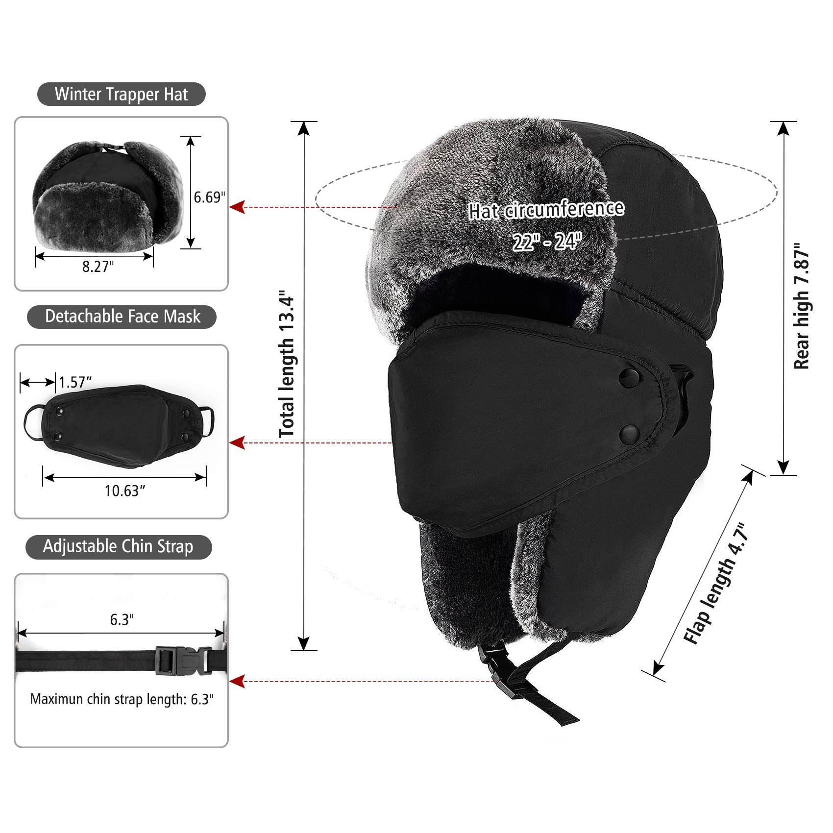 Mysuntown Unisex Winter Trooper Trapper Hat Hunting Hat Ushanka Ear Flap Chin Strap and Windproof Mask,Black,22-24 Inches ,One Size Fits All