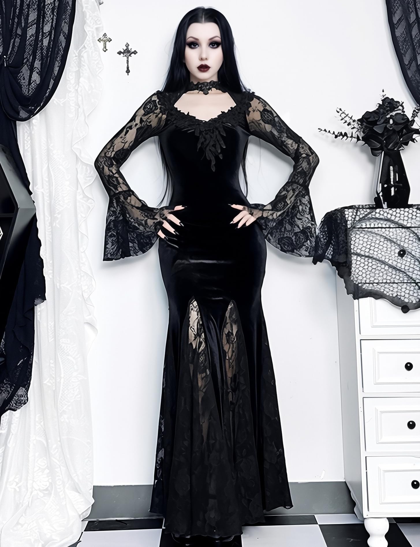 LANSHULAN Gothic Slim Lace Contract Fishtail Long Goth Dress Clothes Black
