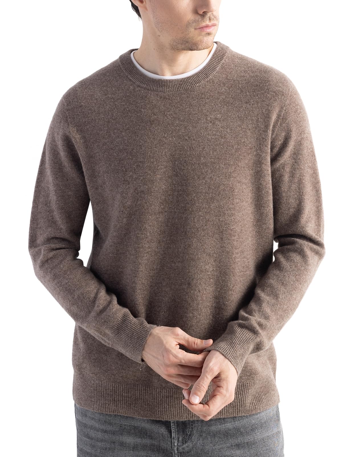 Chanyarn Men's 100% Merino Wool Sweater 2025 Fall Winter First-Line Ready to Wear Crew Neck Long Sleeve Seamless Knit Sweater (Brown,L)