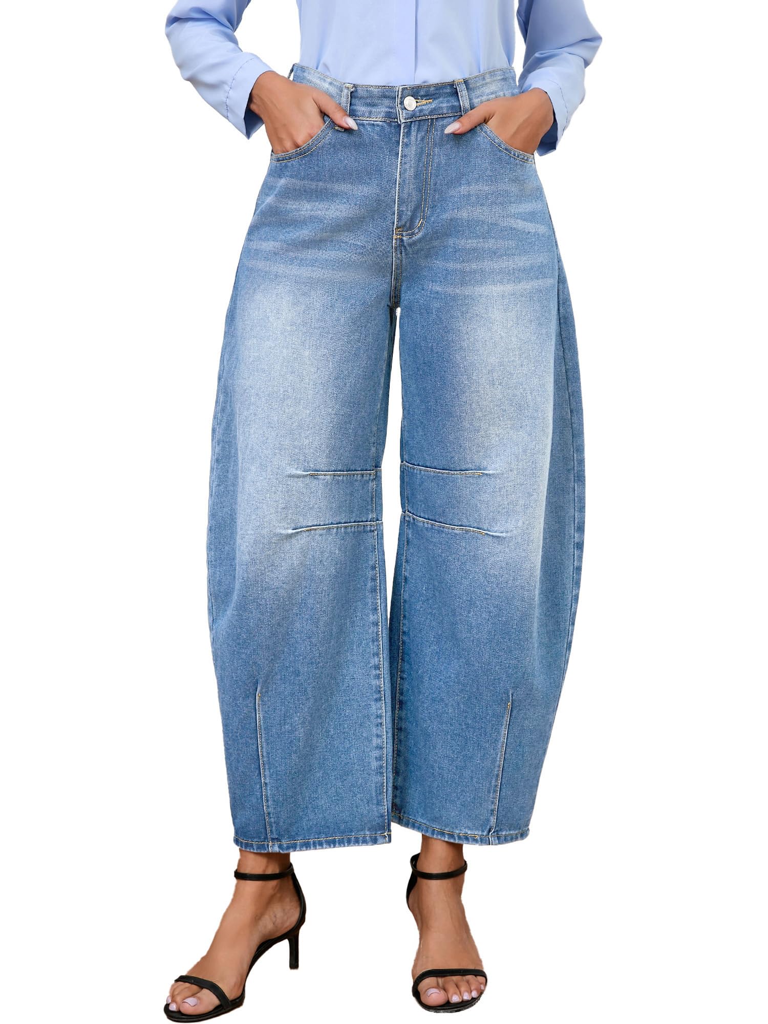 BubFee Barrel Jeans for Women Baggy Boyfriend Jeans with Pockets (Light Blue X-Large)