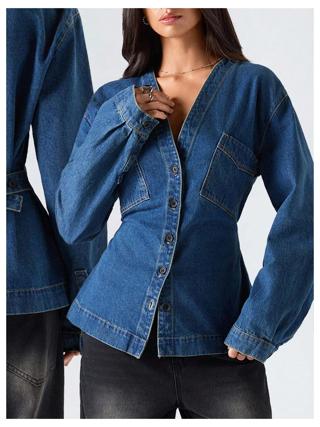WDIRARA Women's V Neck Button Down Jean Jackets Waist Long Sleeve Denim Jacket Outerwear Blue X-Large