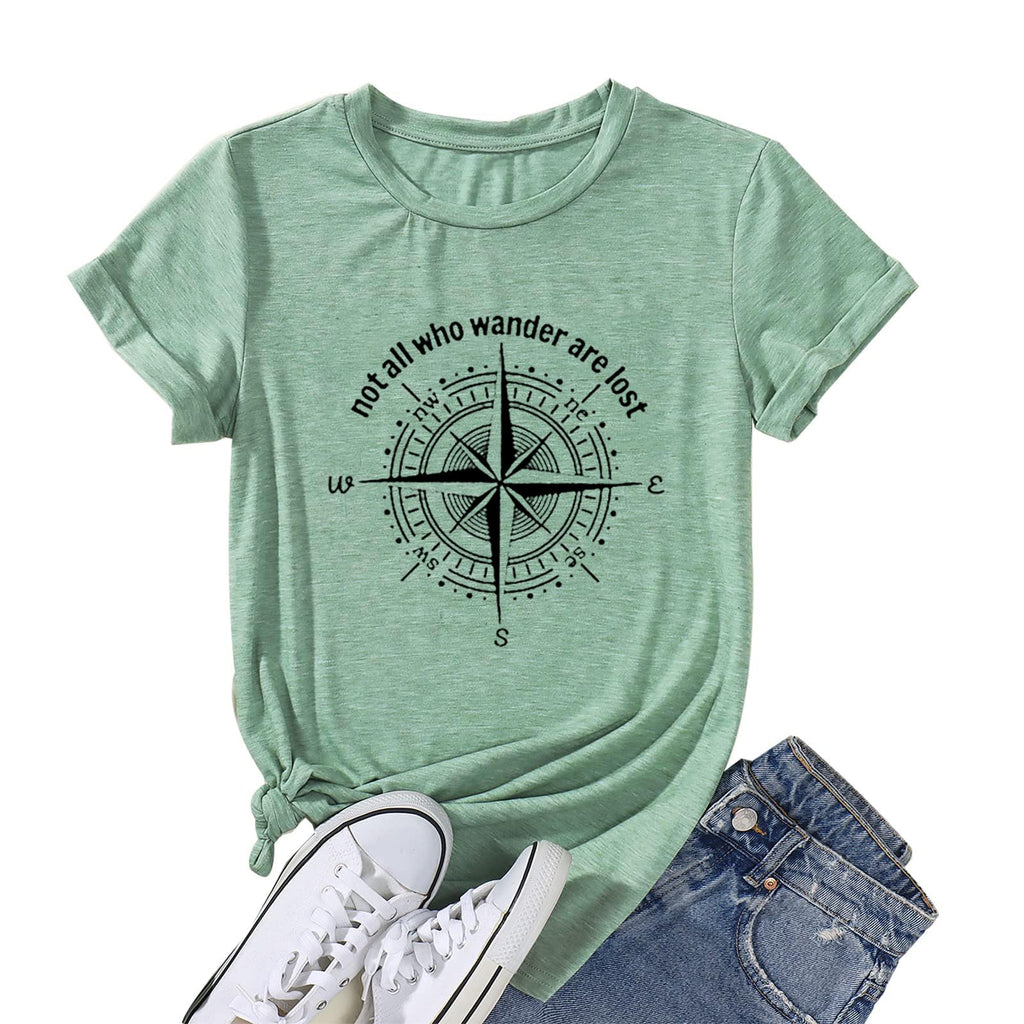 Graphic T-Shirts for Women Hiking Camping Trip Compass Printed Vintage Summer Casual Tees Holiday Workout Tops (Light Green, XL)
